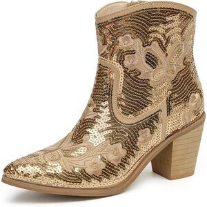 JABASIC Women Gold Western Cowboy Ankle Boots Low Cowgirl with Zipper
